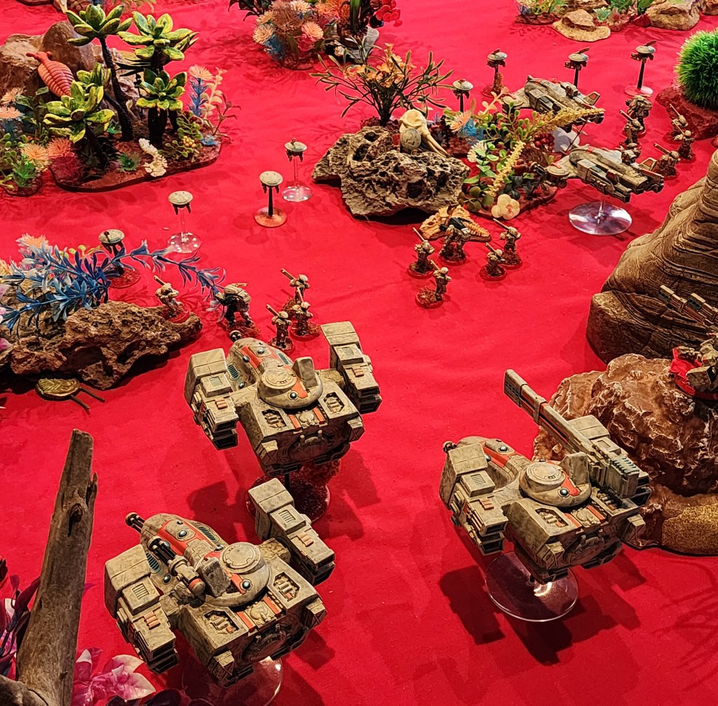 The battle from the point of view of the Not-Tau aliens against the Not-Tyranid aliens. We used The Laser and the Flame one-page rules.